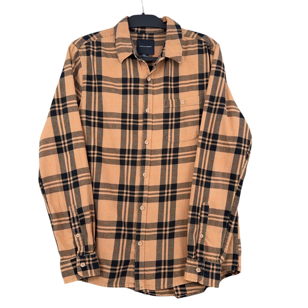 Cotton‎ On Garments Plaid Button Down Mens M 100% Cotton Tan Black